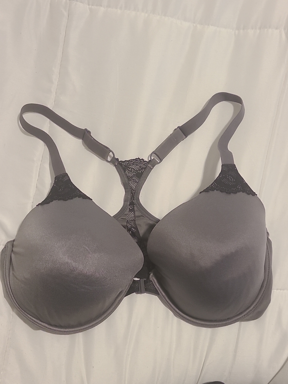 Maidenform Gray Racerback Molded Bra with Black Lace Trim